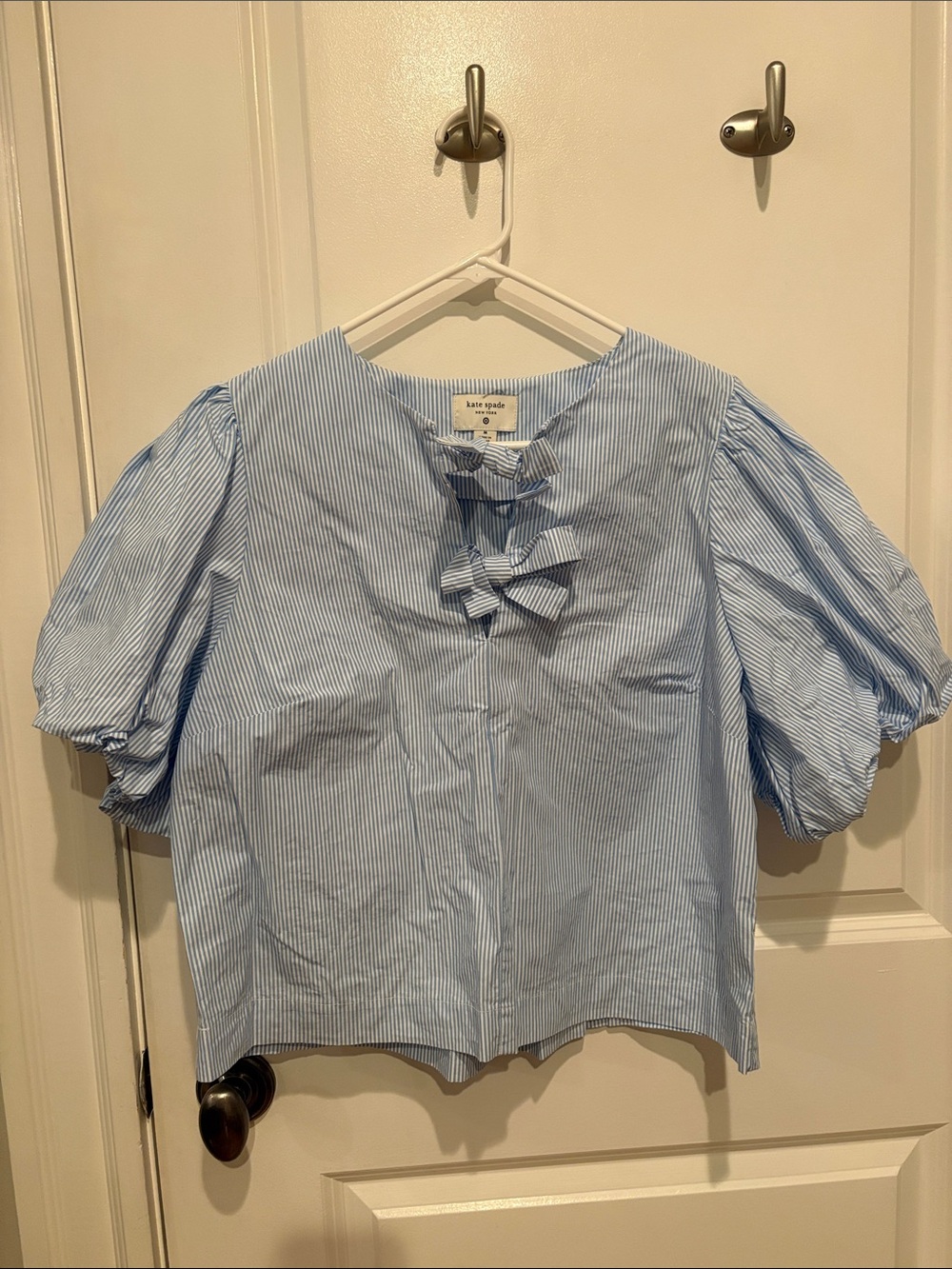 kate spade Blue and White Striped Puff-Sleeve Cotton Blouse with Front Bows